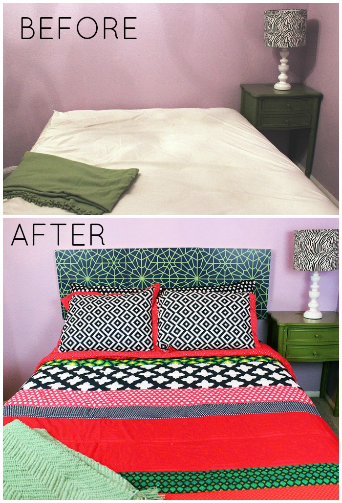 Faux Headboard with Royal Design Studio Stencils by Jennifer Priest hydrangeahippo BEFORE and AFTER COLLAGE