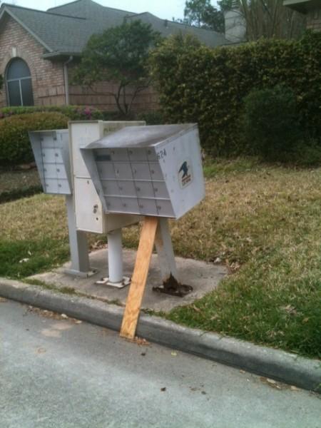 Source: Chron.com - these aren;t our mailboxes but they are really similar to the ones we have. Plus, this illustrates how easy they are to damage and steal from.