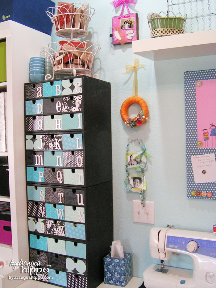 Chipboard Letter Storage in Jennifer Priest's Scrapbook Room using Ikea FIRA Boxes.