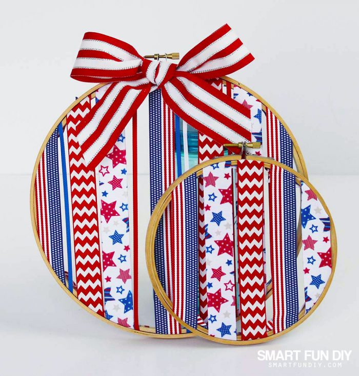 How to make patriotic hoop art for 4th of July or any holiday using ribbon and embroidery hoops. No sewing needed!! Use up your ribbon stash PLUS ideas for how to make these for other holidays
