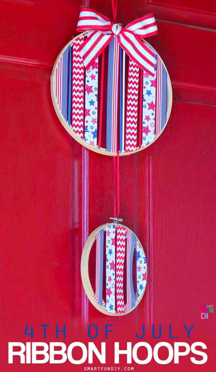 How to make patriotic hoop art for 4th of July or any holiday using ribbon and embroidery hoops. No sewing needed!! Use up your ribbon stash PLUS ideas for how to make these for other holidays